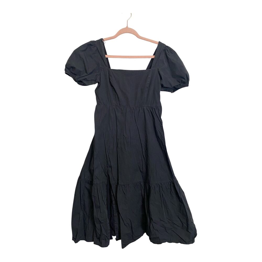 ASTR The Label Black Poplin Midi Dress Front slit Tiered Balloon Sleeve Size S
